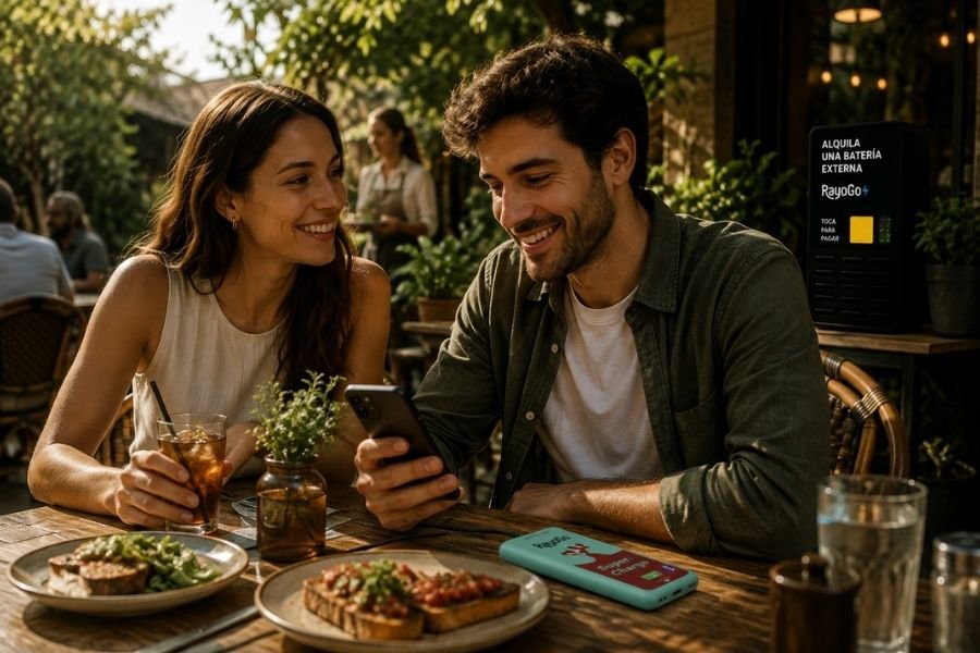 Clientes disfrutando de un restaurante mientras utilizan una batería RayoGo